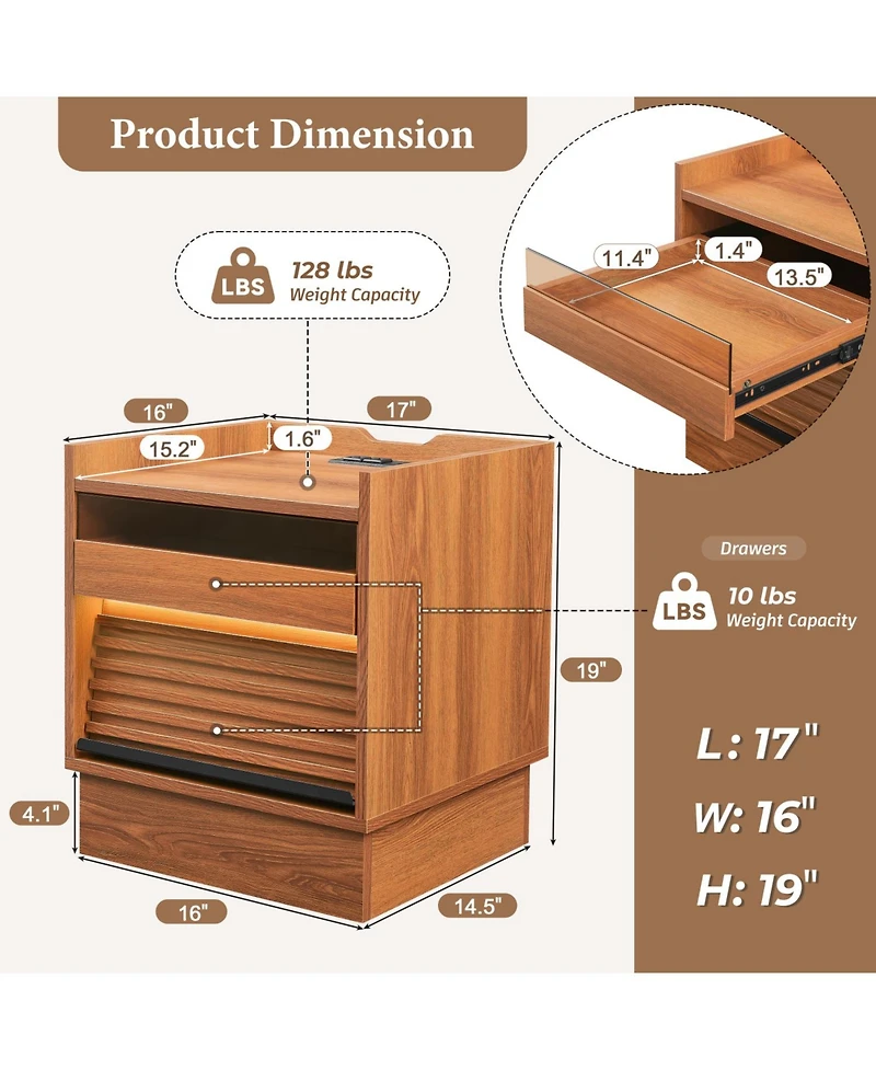 Streamdale Furniture Streamdale Mid Century Nightstand with Charging & Led, 2 Drawers, Bedside/End Table, Black