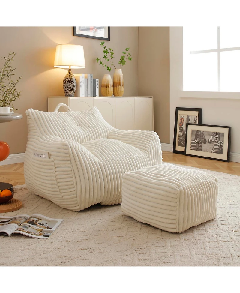 Streamdale Furniture Giant Beige Plush Bean Bag Chair with Footstool