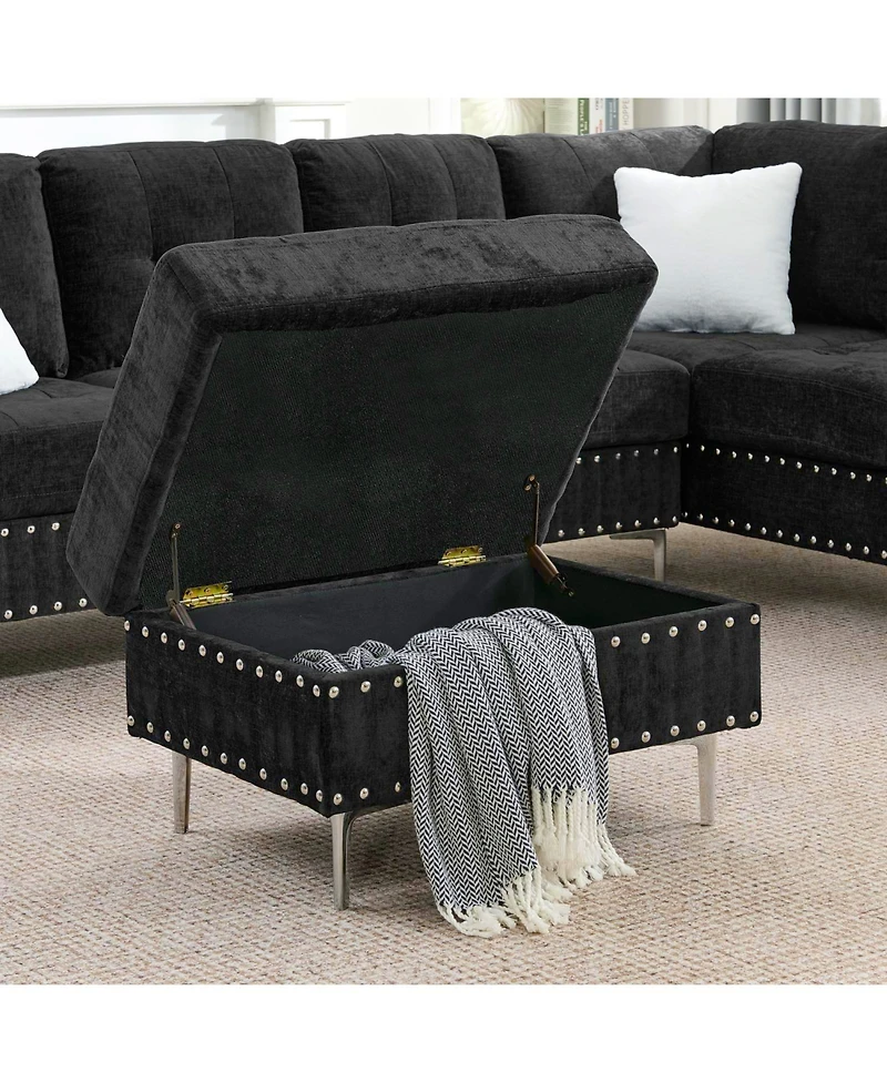 Streamdale Furniture Sectional Sofa with Reversible Chaise, Storage Ottoman, Metal Legs, Pillows, Black
