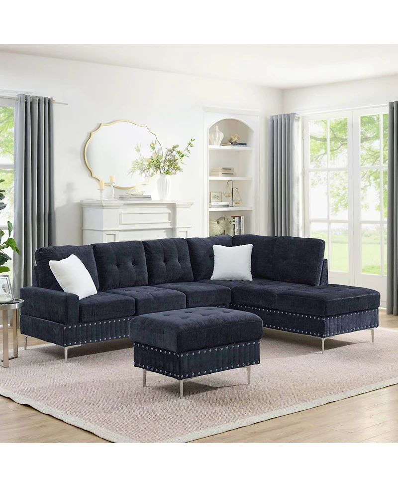 Streamdale Furniture Navy Sectional Sofa with Reversible Chaise, Ottoman & Pillows