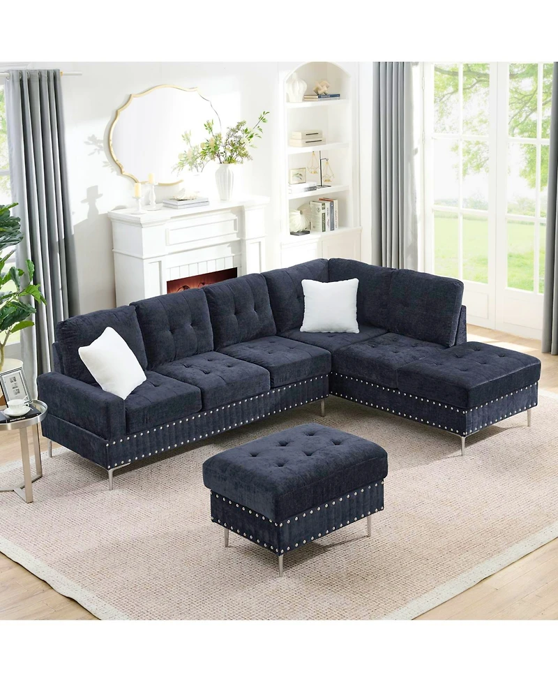 Streamdale Furniture Navy Sectional Sofa with Reversible Chaise, Ottoman & Pillows