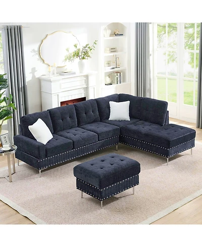 Streamdale Furniture Navy Sectional Sofa with Reversible Chaise, Ottoman & Pillows