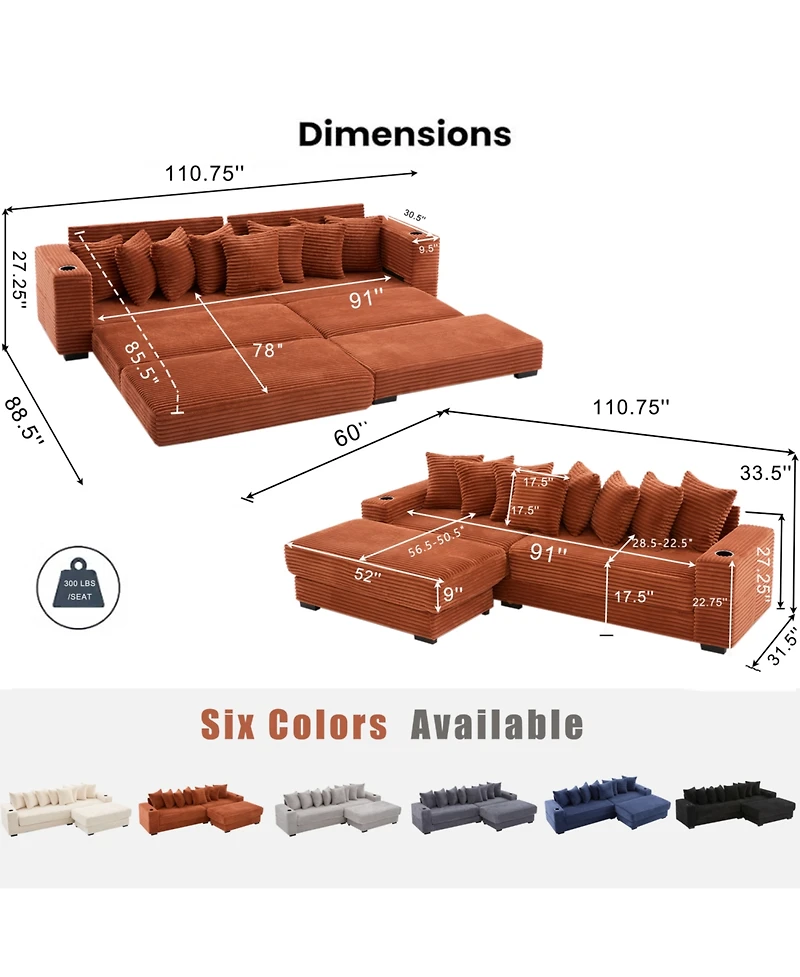 Streamdale Furniture Corduroy L-Shaped Sectional Sofa Bed w/ Footstool, Pillows & Cup Holders