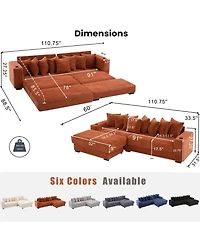 Streamdale Furniture Corduroy L-Shaped Sectional Sofa Bed w/ Footstool, Pillows & Cup Holders