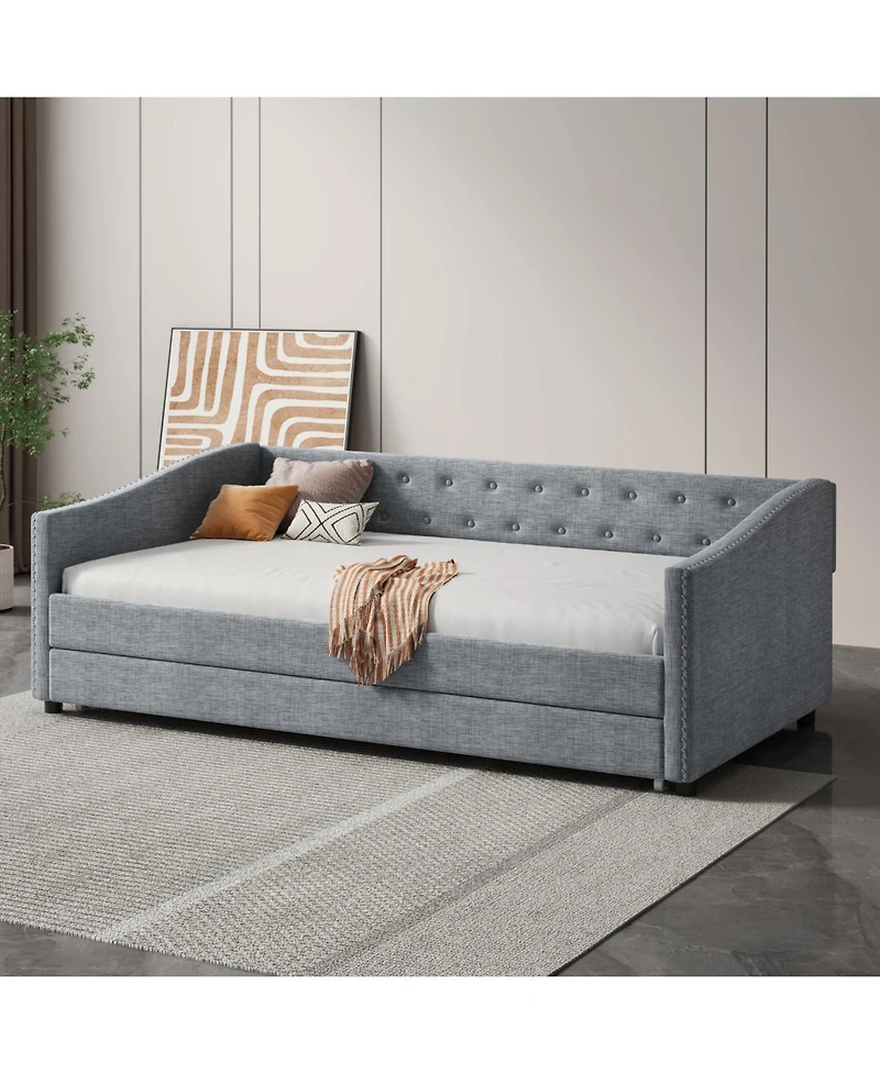Streamdale Furniture Twin Daybed with Trundle, Upholstered Tufted Sofa Bed - Light Grey