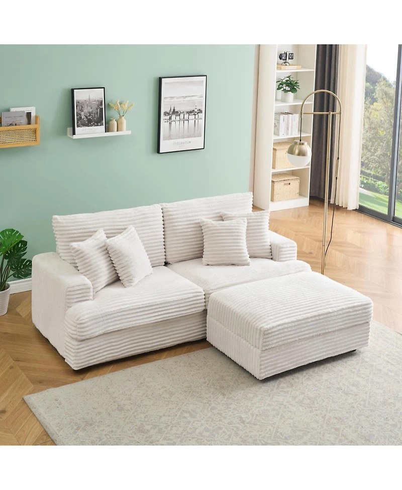 Streamdale Furniture White Corduroy Sofa w/ Storage Leg & Pillows