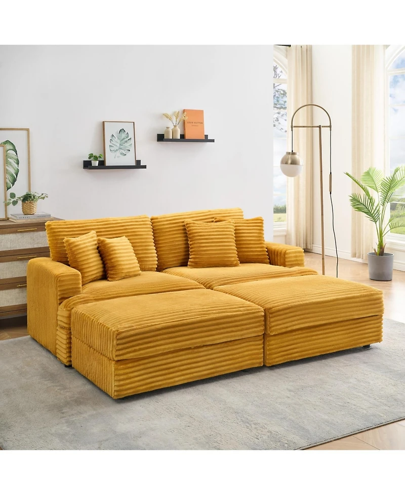 Streamdale Furniture Orange Corduroy Sofa w/ Storage Legs & 4 Pillows