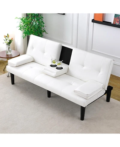 Streamdale Furniture 67" White Pvc Sofa Bed - Foldable with Cup Holder