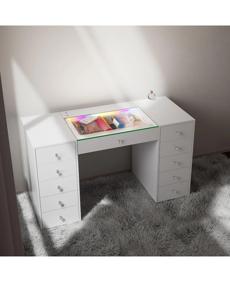 Streamdale Furniture 51.2" Rgb Led Vanity Desk, Modern Glass Top Makeup Table with 11 Drawers