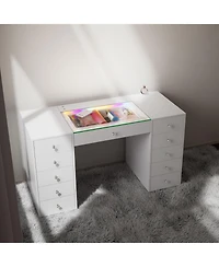 Streamdale Furniture 51.2" Rgb Led Vanity Desk, Modern Glass Top Makeup Table with 11 Drawers