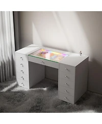 Streamdale Furniture 51.2" Rgb Led Vanity Desk, Modern Glass Top Makeup Table with 11 Drawers