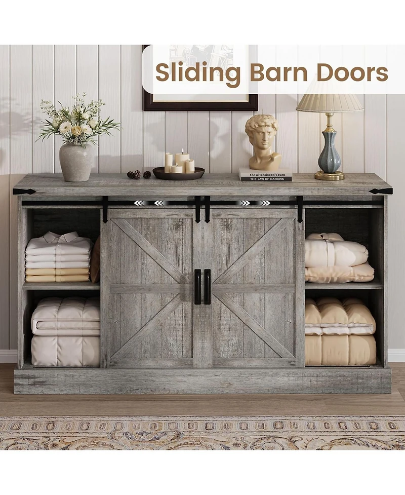 Gaomon 59" Farmhouse 4-Drawer Dresser with Sliding Barn Doors, Wide Tv Stand and Storage Chest for Bedroom or Closet