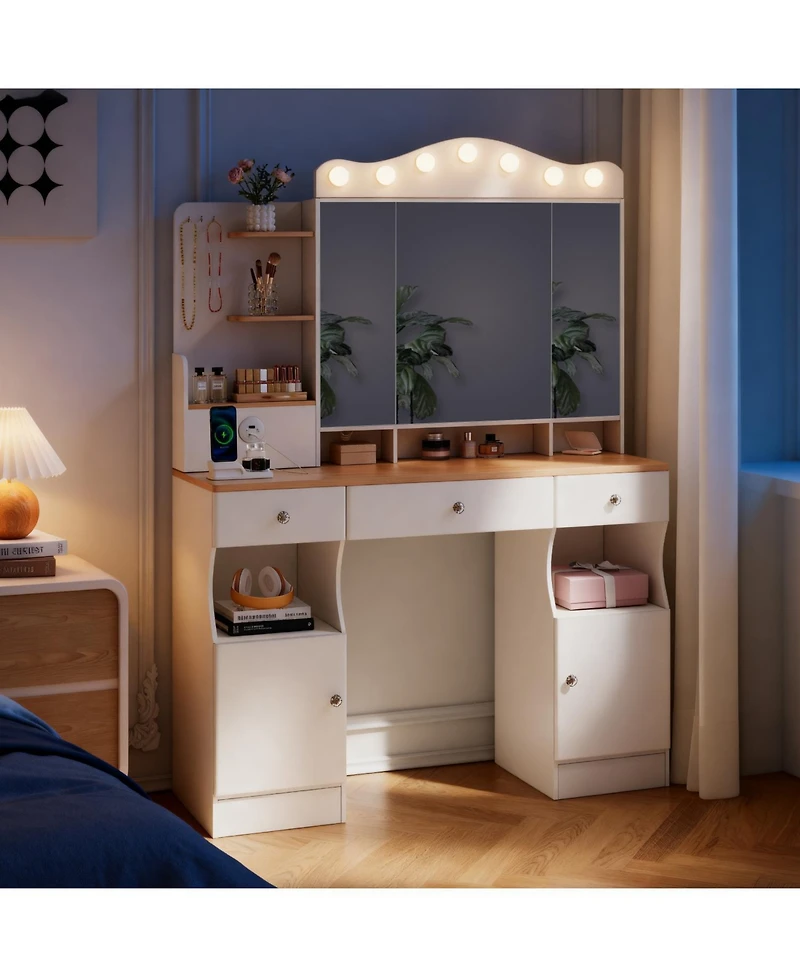 Streamdale Furniture Vanity Desk with Lighted Mirror, Usb Power, Drawers & Cabinets (White)