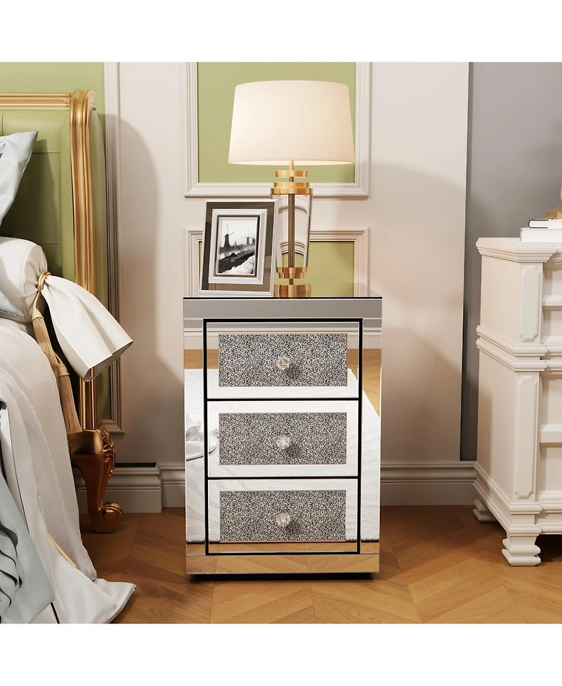 Streamdale Furniture 3-Drawer Mirrored Nightstand Bedside Table Glass Accent End Table