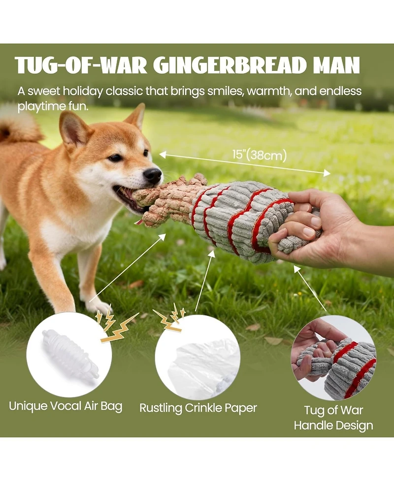 Nocciola 4 Pack Tag & Tug Christmas Dog Toys, No Stuffing Santa, Ginger Man, Christmas Tree & Stuffed Snowflake Tough Dog Toys