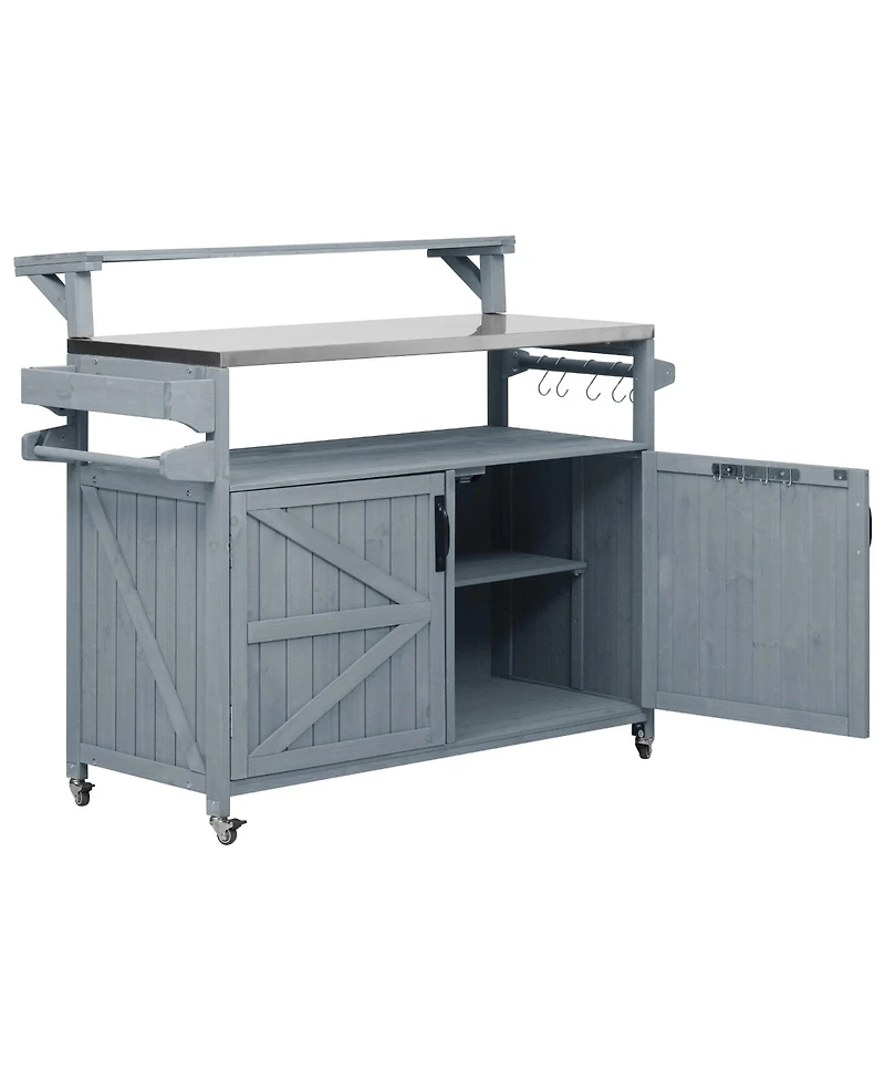 Clihome 53.3" Outdoor Kitchen Island with Raised Shelf, Solid Wood Outdoor Rolling Grill Cart with Internal Storage