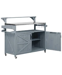 Clihome 53.3" Outdoor Kitchen Island with Raised Shelf, Solid Wood Outdoor Rolling Grill Cart with Internal Storage