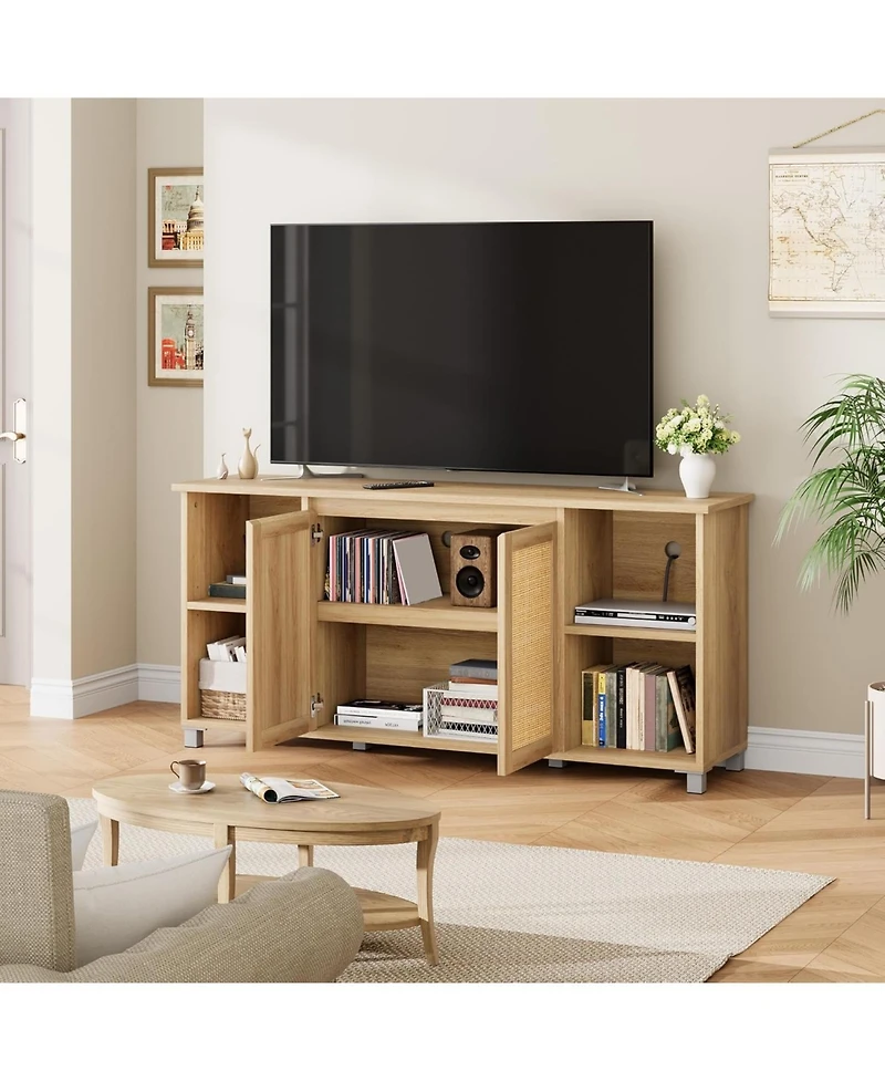 gaomon Rattan Tv Stand for 70" Tv, Entertainment Center with Storage Shelves, Natural Oak Console