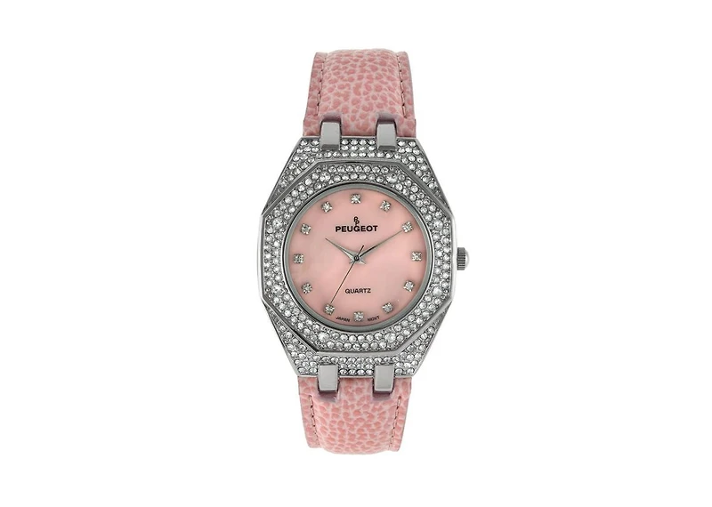 Peugeot Women's 37mm Pink Watch with Crystal Bezel Leather Band