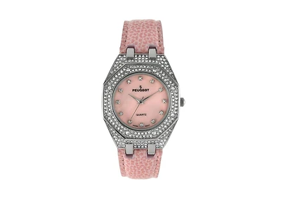 Peugeot Women's 37mm Pink Watch with Crystal Bezel Leather Band