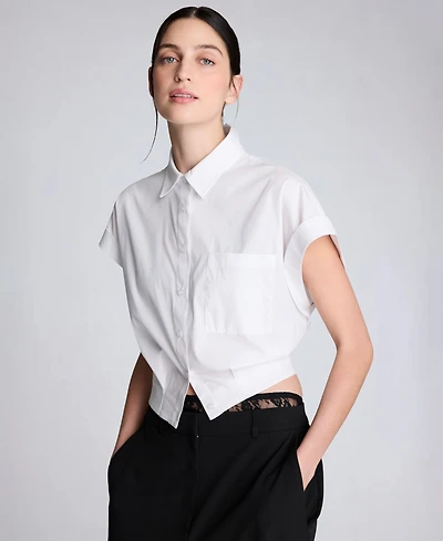 Kenneth Cole Women's Button Front Collared Cropped Shirt