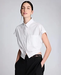 Kenneth Cole Women's Button Front Collared Cropped Shirt