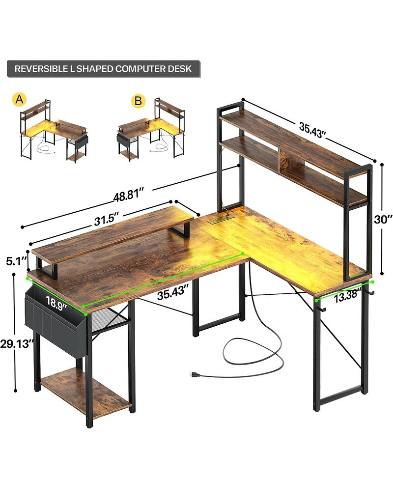Aheaplus 49'' Small L Shaped Desk with Hutch, Reversible Computer Gaming Outlet and Led Strip