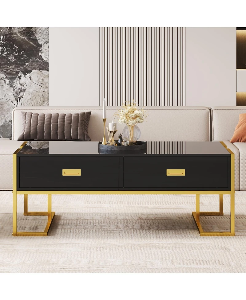 Streamdale Furniture Modern Rectangular Coffee Table with 4 Drawers and Gold Base 47.3"