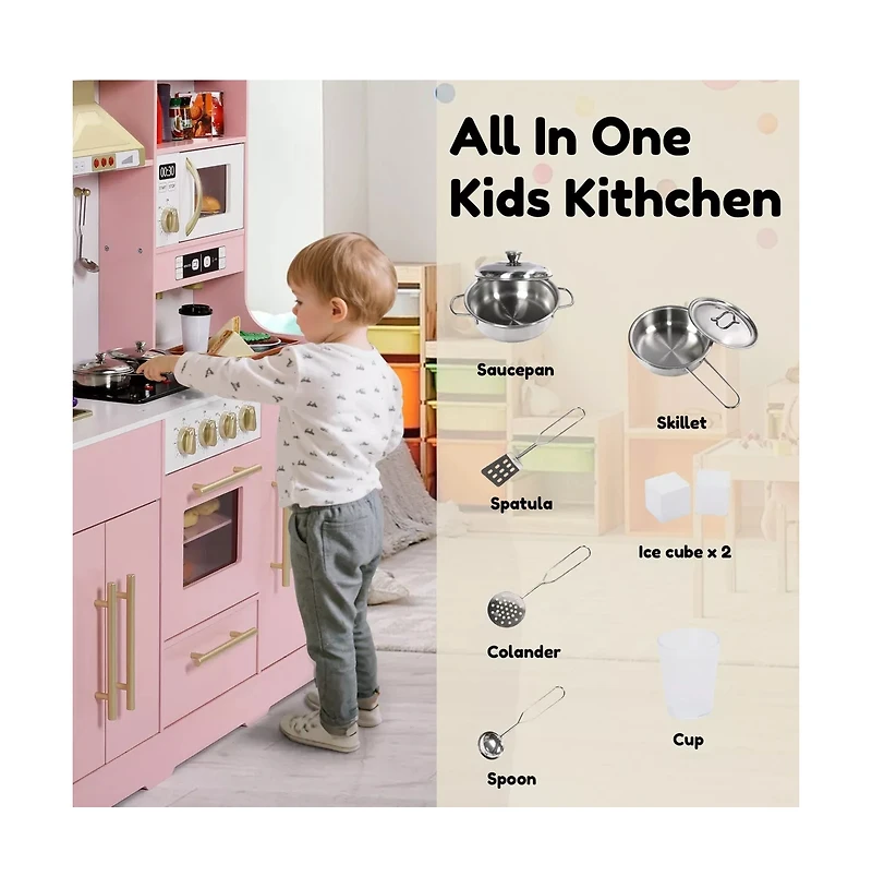 Kinder King Wooden Kids Play Kitchen, Pretend Kitchen Playset w/Sounds for Toddlers.