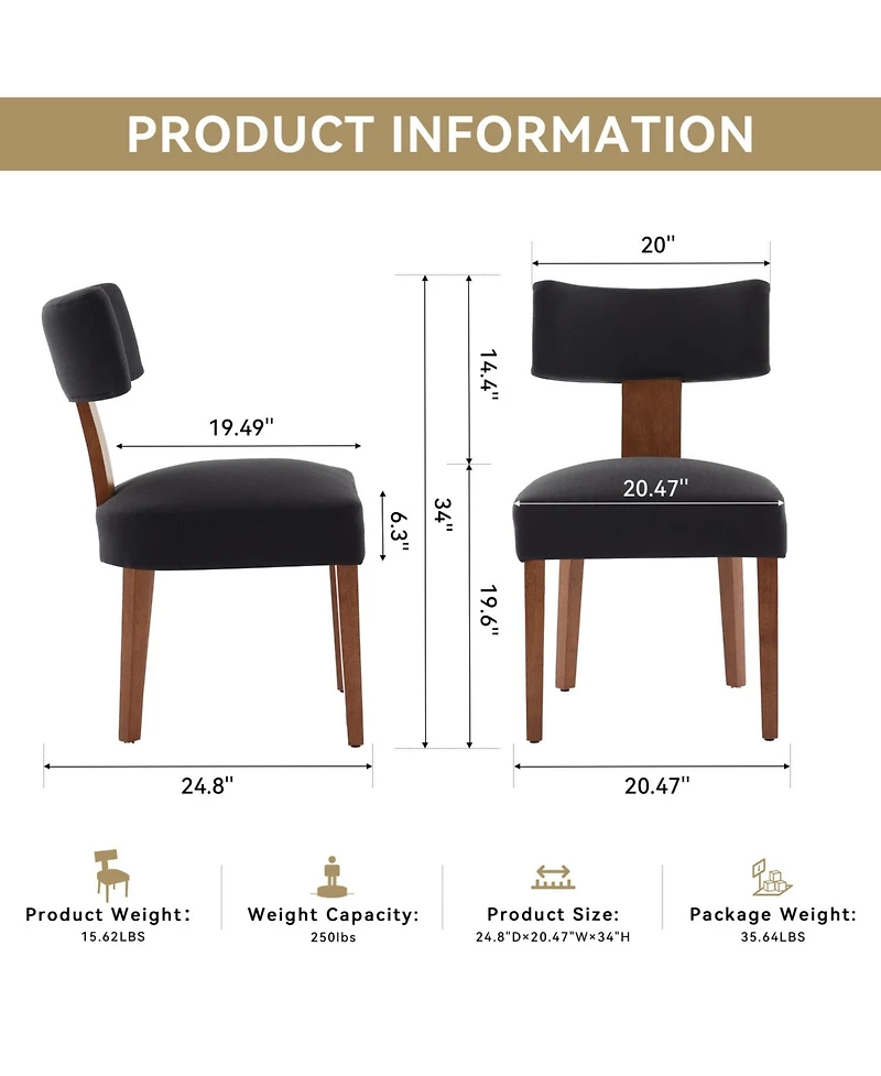 Streamdale Furniture Linen Fabric Armless Dining Chairs, Curved Back, Wood Legs, Black (Set of 2)