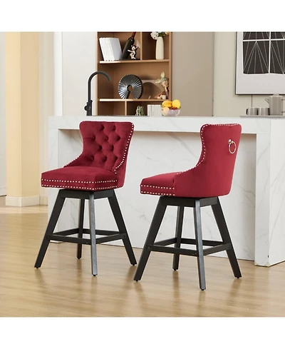 Streamdale Furniture Velvet Barstools, Button Tufted, Wood Legs, Nailhead Trim, Set of 2