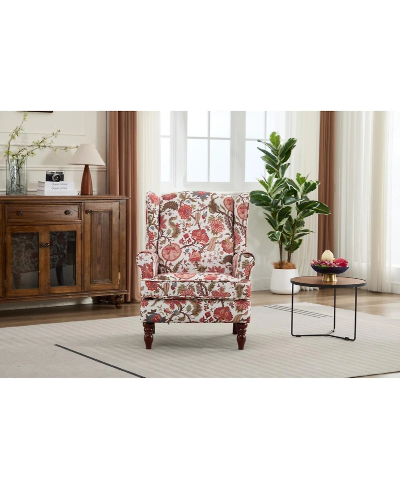 Streamdale Furniture Floral Red Accent Chair with Wood Legs