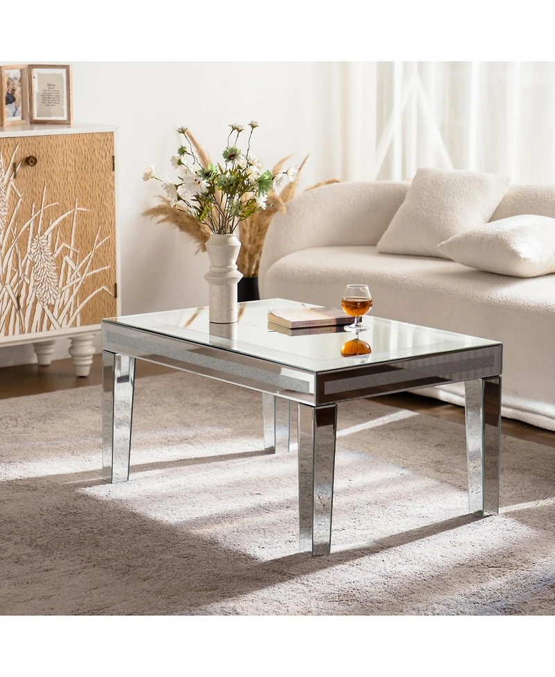Streamdale Furniture Silver Crushed Crystal Coffee Table, Mirrored Glass, Glam Modern