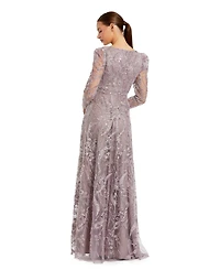 Mac Duggal Women's Floral Embroidered V Neck Long Sleeve Gown