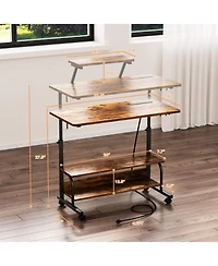 Aheaplus Small Standing Desk with Power Outlets and Led Light, Mobile Lift Top Desk with Monitor Stand