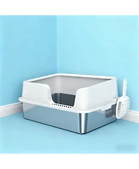 Aostirmotor Light Gray Stainless Steel Litter Box for Large Cats: High Sides & Scoop, Elevate Your Space with Sleek