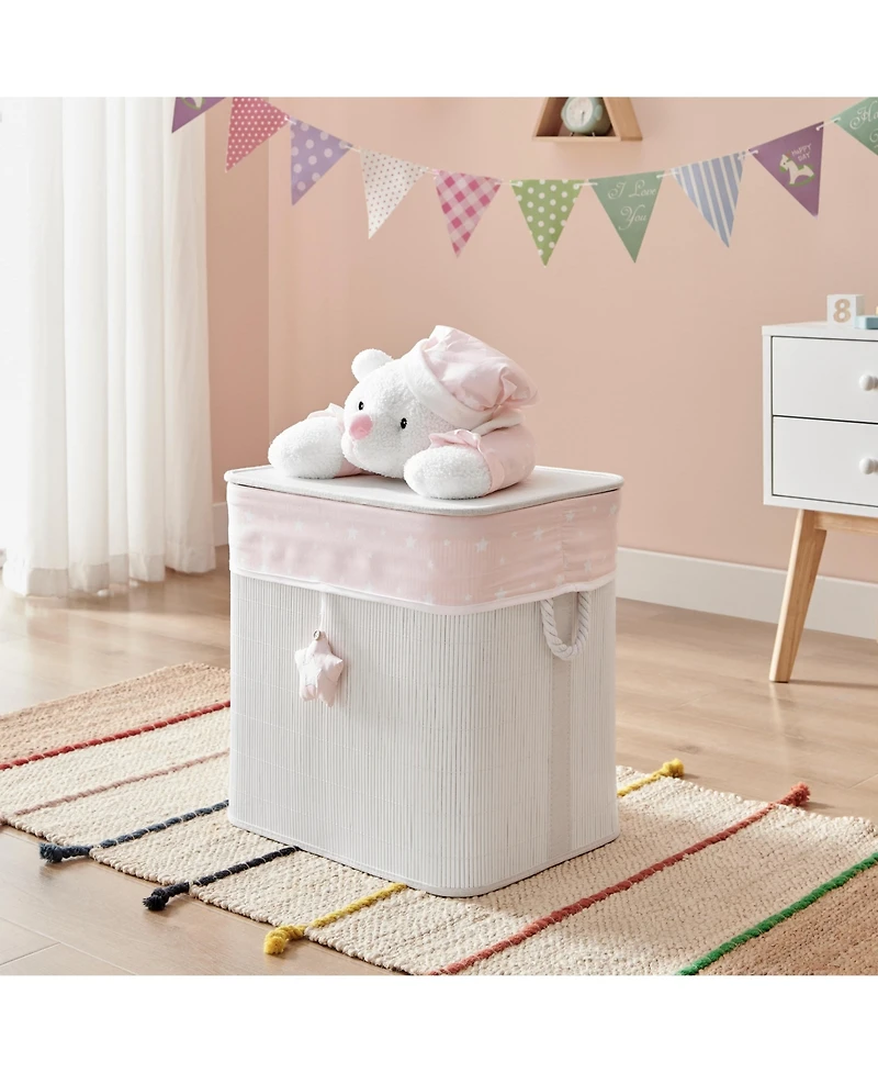 Danya B Pink/Cream Collapsible Bamboo Kids Plush Laundry Hamper with Liner and Handles - Sleepy Teddy Bear
