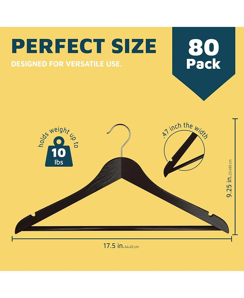 Lifemaster 80-pack brown wooden hangers with 360° swivel hook, non-slip notches, and pants bar. Supports up to 10 lbs—ideal for suits, dre