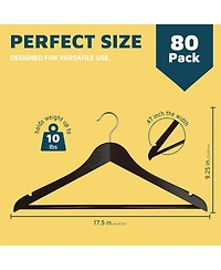 Lifemaster 80-pack brown wooden hangers with 360° swivel hook, non-slip notches, and pants bar. Supports up to 10 lbs—ideal for suits, dre