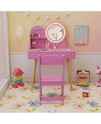Gymax Kids Vanity Set with Lighted Mirror Princess Makeup Dressing Desk & Chair