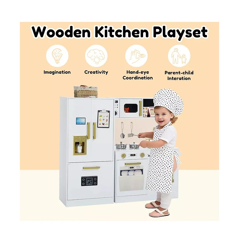 Kinder King Pretend Play Kitchen Wooden Toy Set for Kids with Sounds, Utensils, Oven & Microwave, Gift for Age 3+