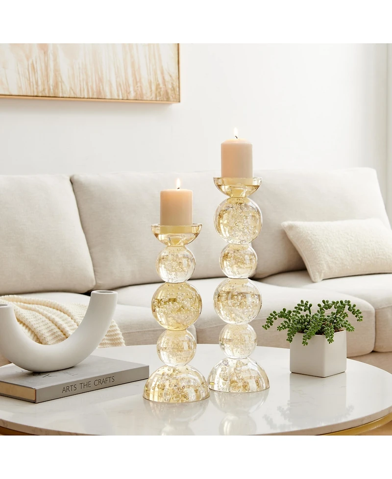 Danya B Enya Champagne Gold Tint Bubble Glass Stacked Orb Pillar Candle Holder Set of 2