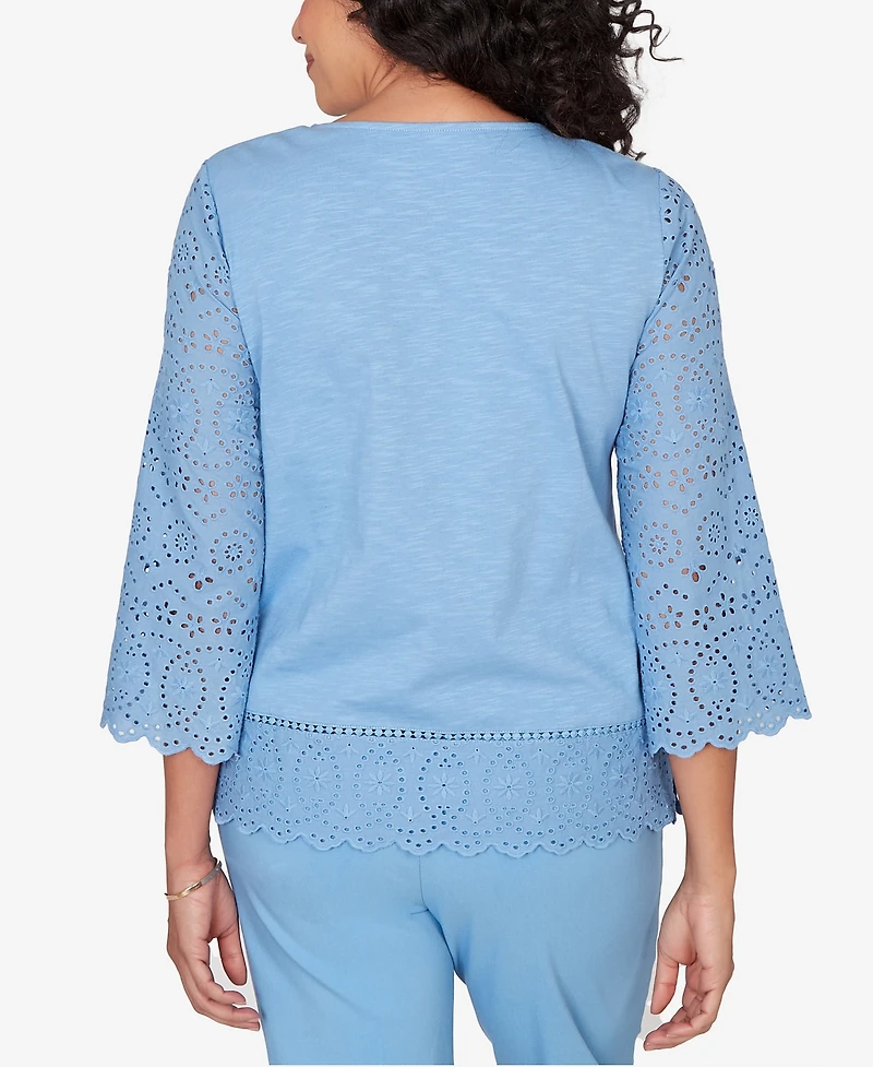 Alfred Dunner Petite St. Augustine Solid Eyelet Trim Top with Necklace