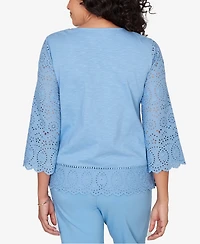 Alfred Dunner Petite St. Augustine Solid Eyelet Trim Top with Necklace