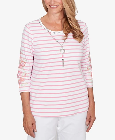 Alfred Dunner Petite Classic Stripe Embroidered Sleeve Top with Necklace