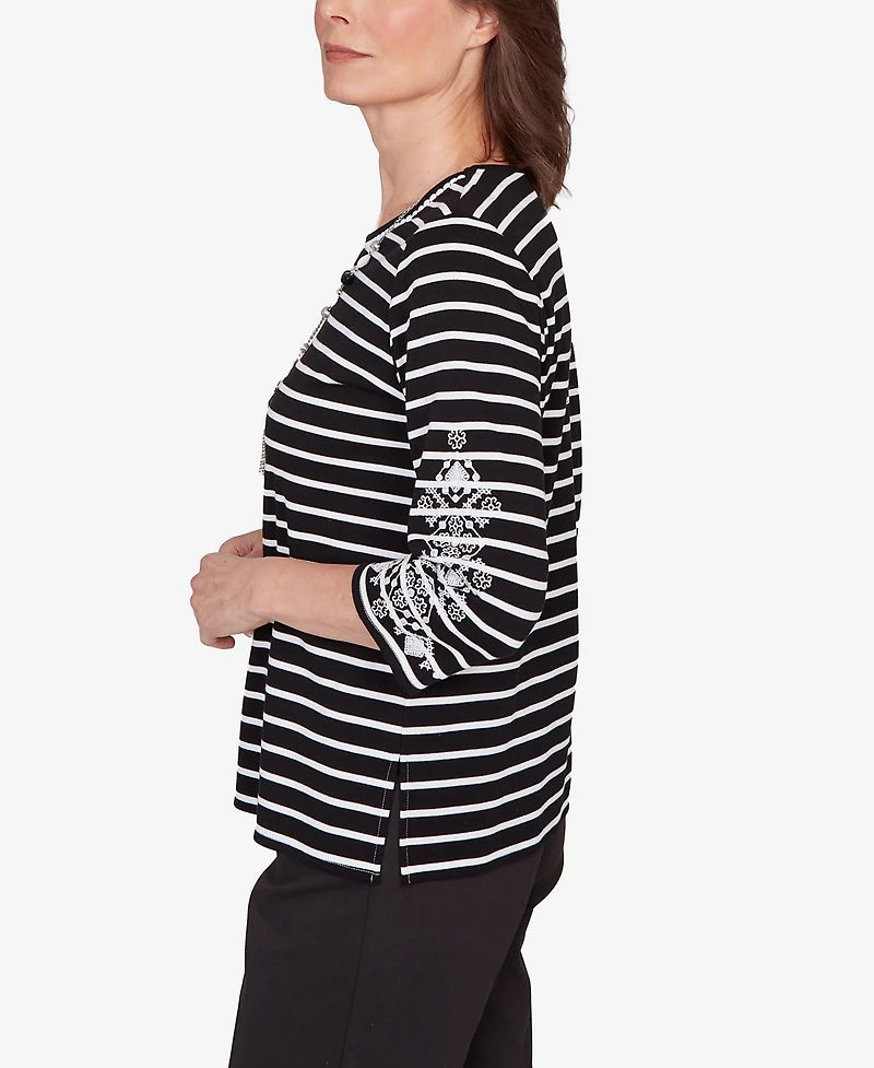 Alfred Dunner Petite Classic Pinstripe Embroidered Sleeve Top with Necklace