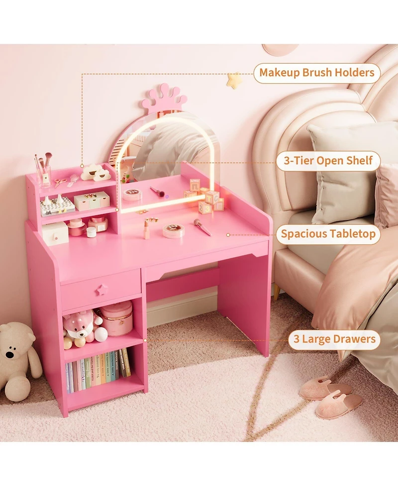 "Gaomon Kids Vanity Table & Chair Set with Mirror, Lights, Drawer & Shelves – White Wooden Makeup Desk for Little Girls Bedroom"