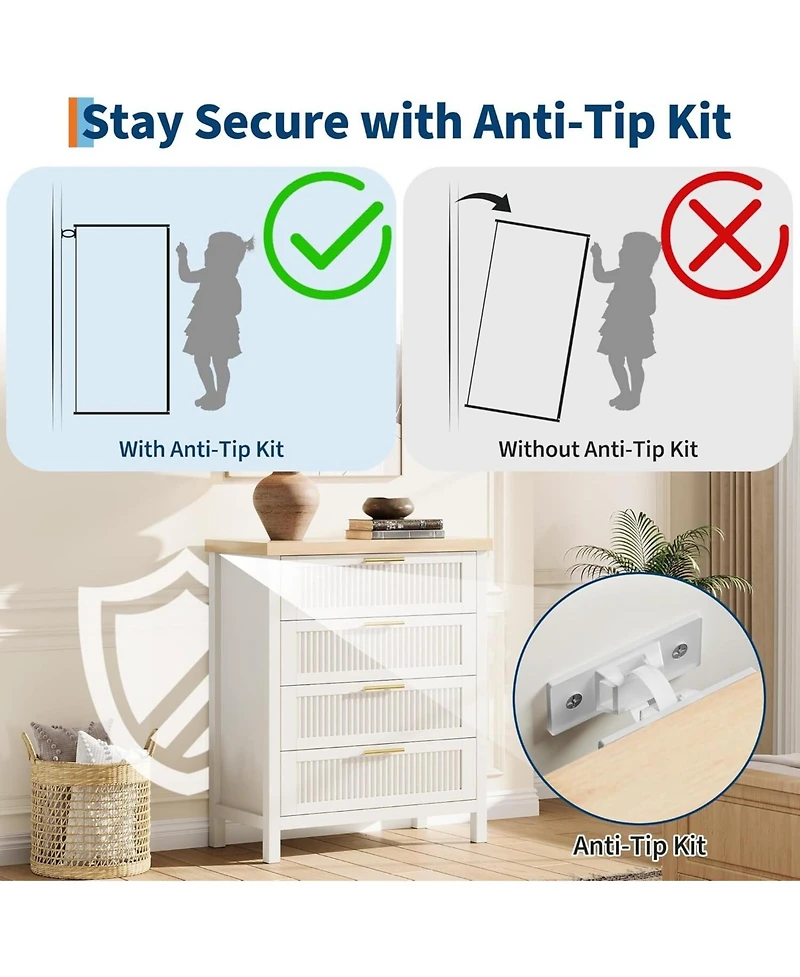 gaomon Fluted Dresser for Bedroom, Chest of Dressers, 35inch Tall Dresser for Closet with 4 Fluted Drawers, Chest with Clothes Storage Cabinet, White