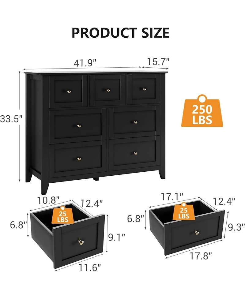 gaomon 7-Drawer Modern Minimalist Wood Dresser, Metal Handles, Bedroom Closet Storage Organizer for Living Room, Hallway