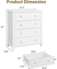gaomon 4-Drawer White Tall Dresser, 37" Chest for Closet, Clothes Storage Cabinet, Drawer Organizer for Bedroom, Home Office